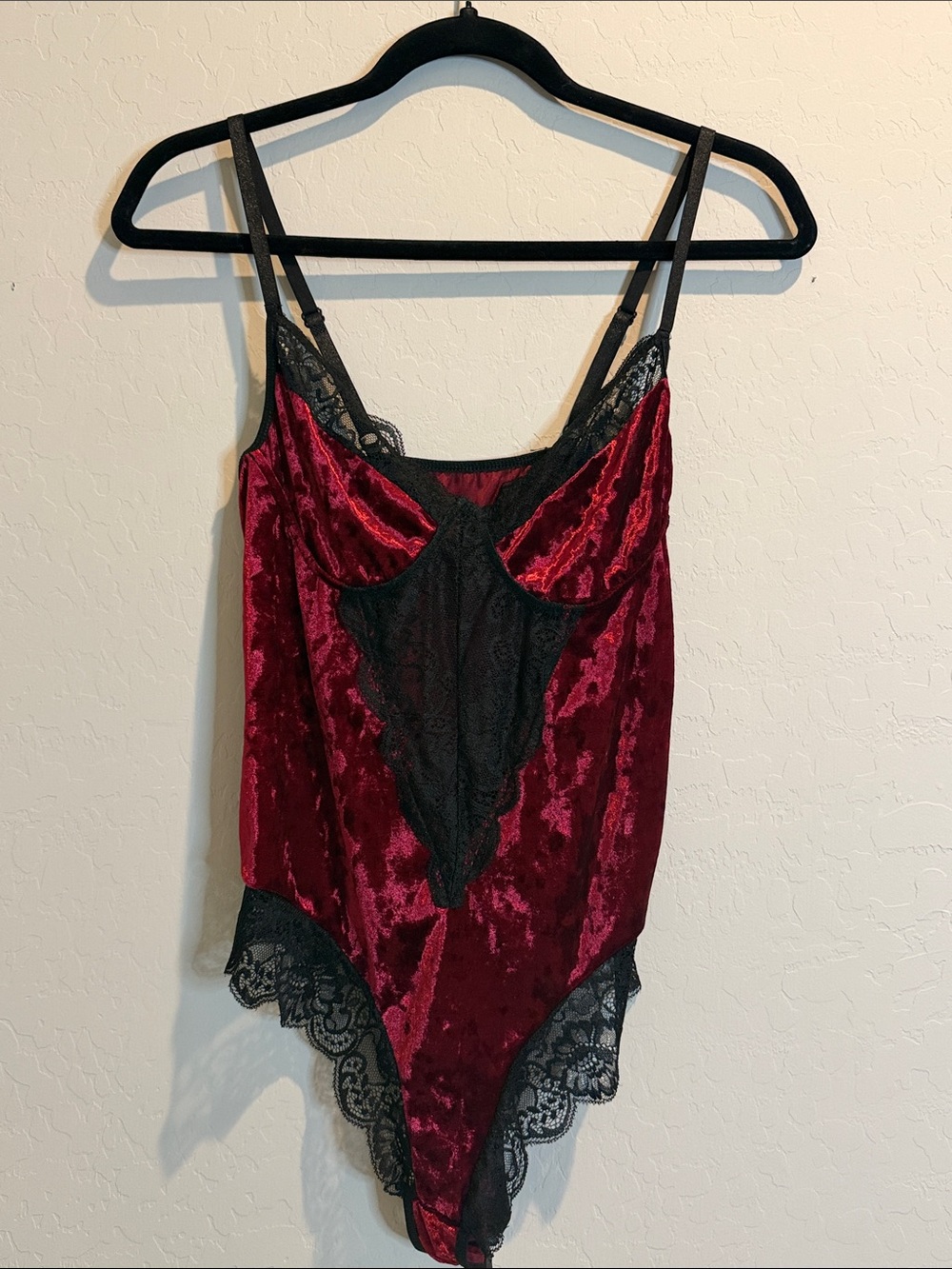 Burgundy Velvet & Black Lace Teddy Bodysuit